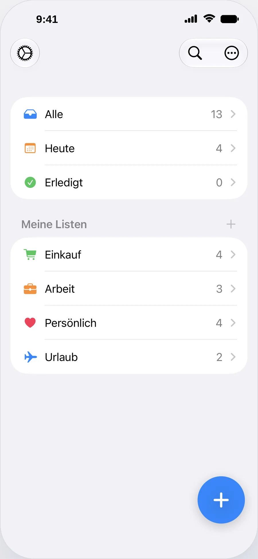 Clarent Übersicht mit Alle, Heute, Erledigt und eigenen Listen